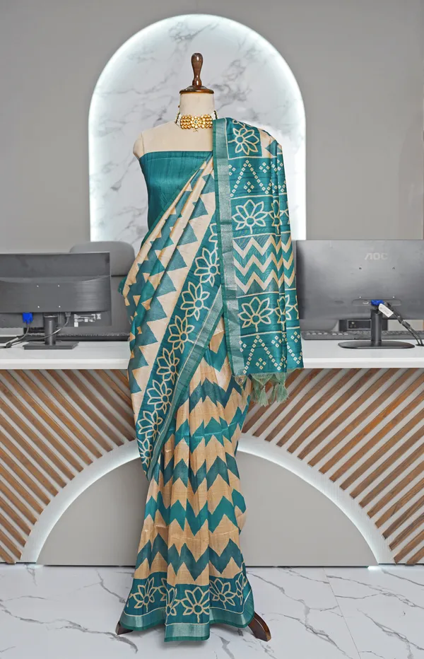Soft_Tussar_Silk_sarees_with_Beautiful_Digital_Print_With_Attractive_Border_And_Contrast_Print_Blouse_With_Tassels
