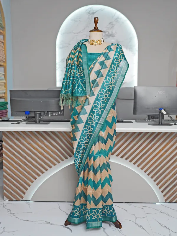Soft_Tussar_Silk_sarees_with_Beautiful_Digital_Print_With_Attractive_Border_And_Contrast_Print_Blouse_With_Tassels