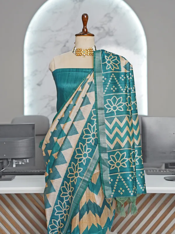 Soft_Tussar_Silk_sarees_with_Beautiful_Digital_Print_With_Attractive_Border_And_Contrast_Print_Blouse_With_Tassels