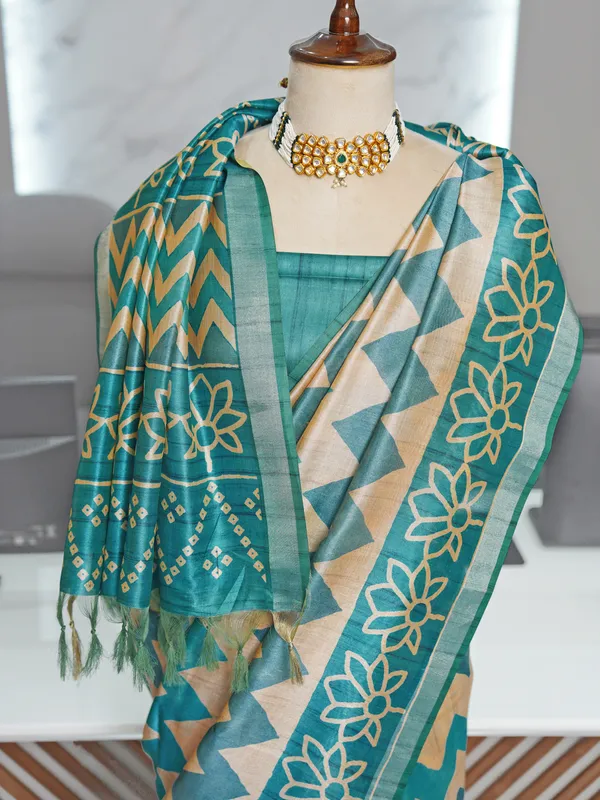Soft_Tussar_Silk_sarees_with_Beautiful_Digital_Print_With_Attractive_Border_And_Contrast_Print_Blouse_With_Tassels