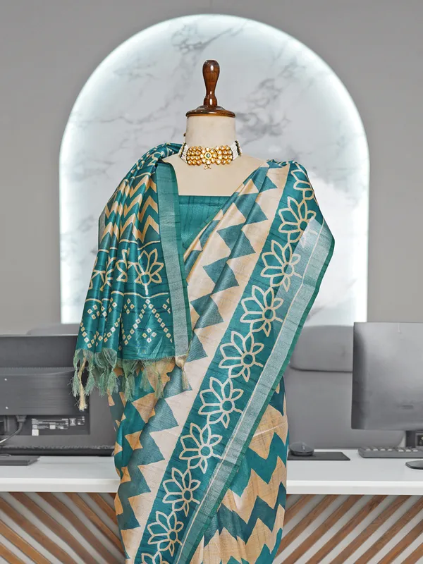 Soft_Tussar_Silk_sarees_with_Beautiful_Digital_Print_With_Attractive_Border_And_Contrast_Print_Blouse_With_Tassels
