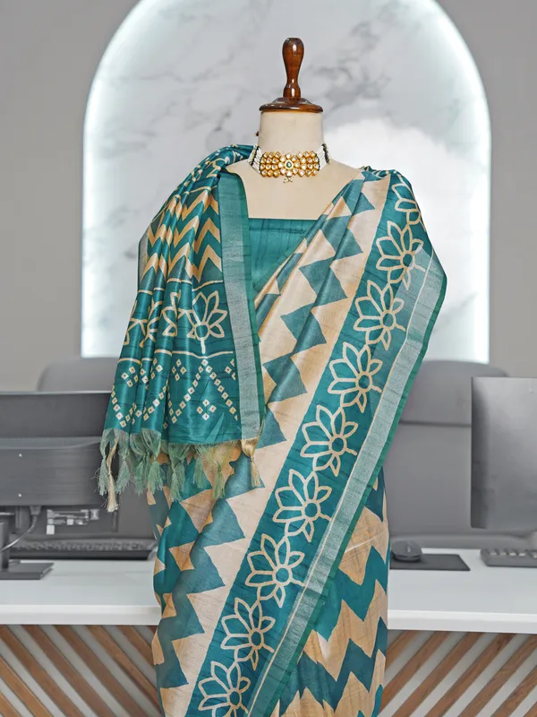 Soft_Tussar_Silk_sarees_with_Beautiful_Digital_Print_With_Attractive_Border_And_Contrast_Print_Blouse_With_Tassels