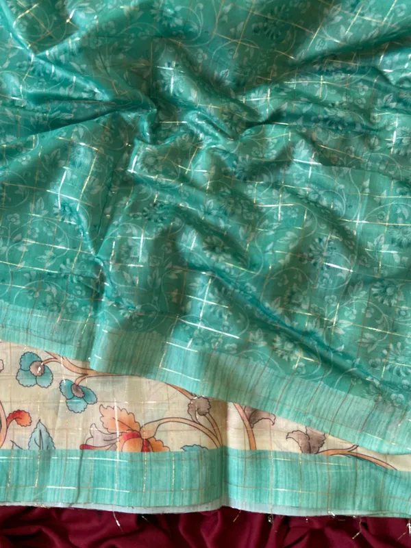 Chandrika_Rama_Green_–_Moonlit_Navratri_Special_|_Soft_Semi_Tussar_Silk_Saree_with_Digital_Print,_Border_&_Contrast_Print_Blouse_with_Tassels