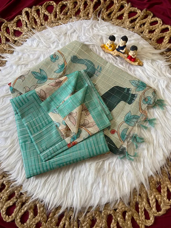 Chandrika_Rama_Green_–_Moonlit_Navratri_Special_|_Soft_Semi_Tussar_Silk_Saree_with_Digital_Print,_Border_&_Contrast_Print_Blouse_with_Tassels