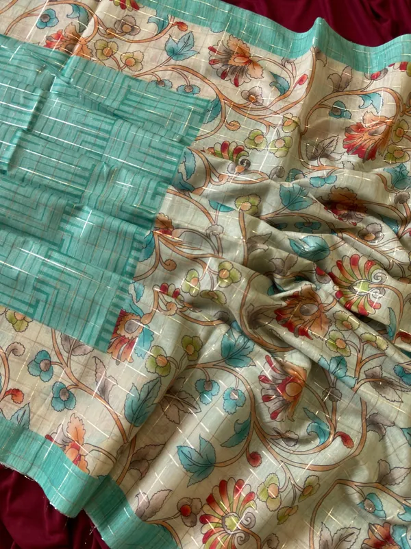 Chandrika_Rama_Green_–_Moonlit_Navratri_Special_|_Soft_Semi_Tussar_Silk_Saree_with_Digital_Print,_Border_&_Contrast_Print_Blouse_with_Tassels