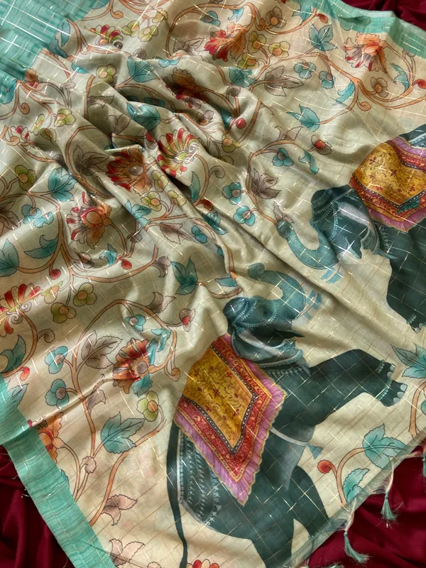 Chandrika_Rama_Green_–_Moonlit_Navratri_Special_|_Soft_Semi_Tussar_Silk_Saree_with_Digital_Print,_Border_&_Contrast_Print_Blouse_with_Tassels