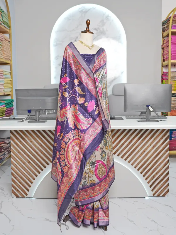 Soft_Tussar_Silk_sarees_with_Beautiful_Digital_Print_With_Attractive_Border_And_Contrast_Print_Blouse_With_Tassels