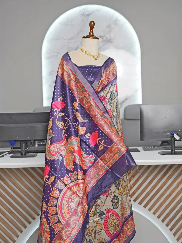 Soft_Tussar_Silk_sarees_with_Beautiful_Digital_Print_With_Attractive_Border_And_Contrast_Print_Blouse_With_Tassels