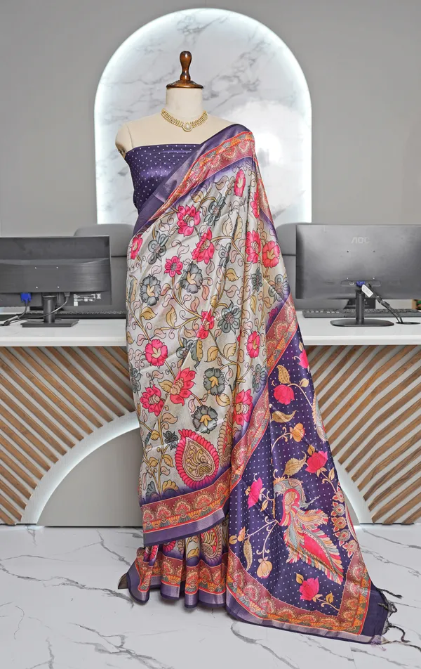 Soft_Tussar_Silk_sarees_with_Beautiful_Digital_Print_With_Attractive_Border_And_Contrast_Print_Blouse_With_Tassels