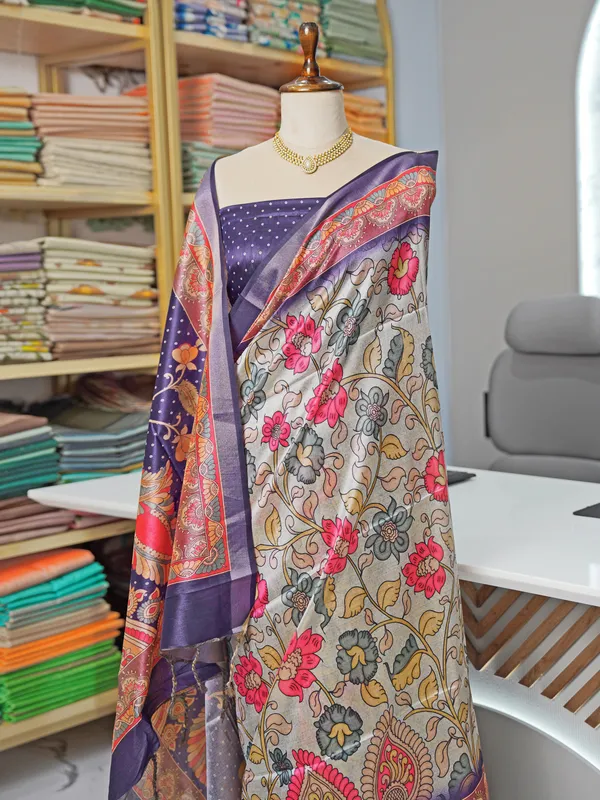 Soft_Tussar_Silk_sarees_with_Beautiful_Digital_Print_With_Attractive_Border_And_Contrast_Print_Blouse_With_Tassels