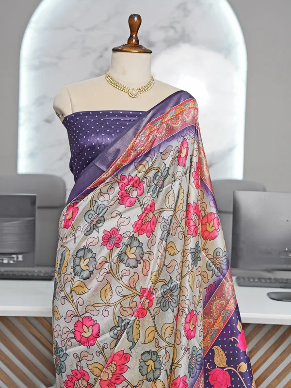 Soft_Tussar_Silk_sarees_with_Beautiful_Digital_Print_With_Attractive_Border_And_Contrast_Print_Blouse_With_Tassels