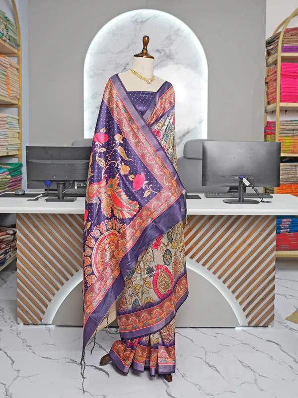 Soft_Tussar_Silk_sarees_with_Beautiful_Digital_Print_With_Attractive_Border_And_Contrast_Print_Blouse_With_Tassels
