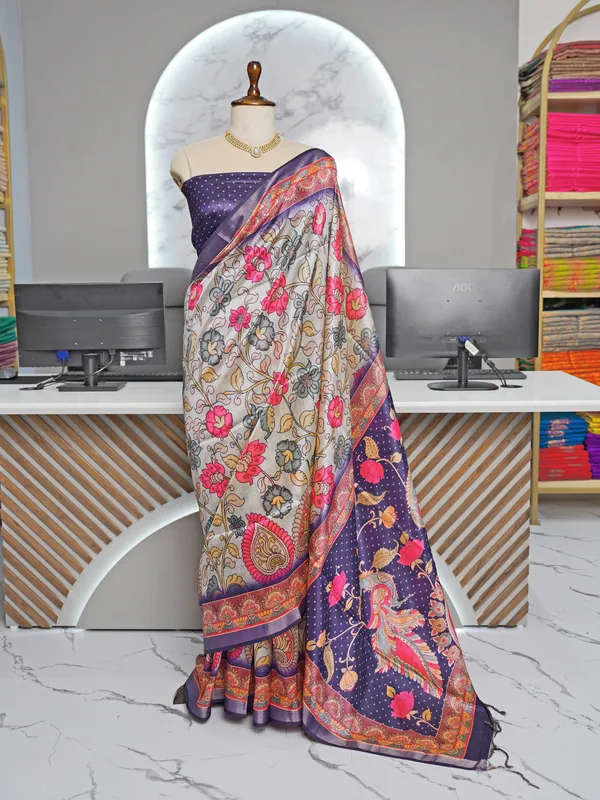 Soft_Tussar_Silk_sarees_with_Beautiful_Digital_Print_With_Attractive_Border_And_Contrast_Print_Blouse_With_Tassels