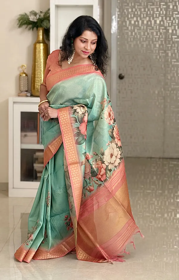 Dhriti_Peach_–_Diwali_Special_|_Soft_Tissue_Silk_Saree_with_Digital_Print,_Border_&_Rich_Pallu,_Sequence_&_Contrast_Print_Blouse_with_Tassels