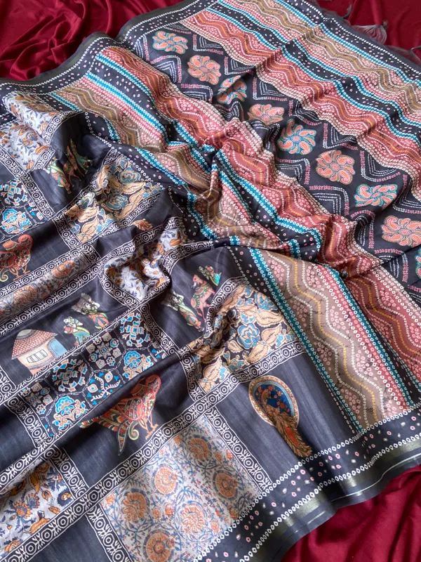 Soft_Tussar_Silk_sarees_with_Beautiful_Digital_Print_With_Attractive_Border_And_Contrast_Print_Blouse_With_Tassels
