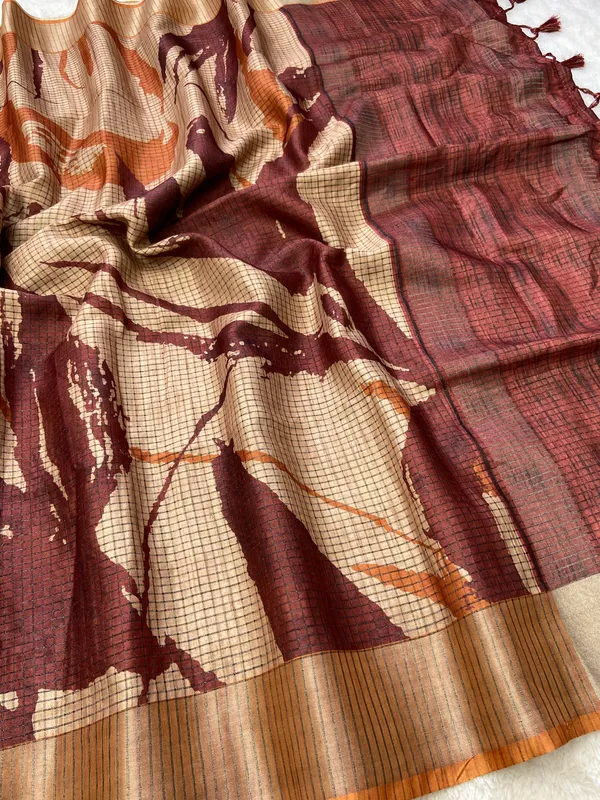 Aarathi_Maroon_&_Yellow_–_Aarti_Glow_Diwali_Special_|_Soft_Tussar_Silk_Saree_with_Digital_Print,_Checks_Design_Saree_&_Digital_Print_Blouse