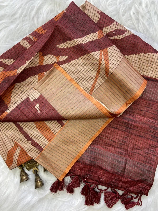 Aarathi_Maroon_&_Yellow_–_Aarti_Glow_Diwali_Special_|_Soft_Tussar_Silk_Saree_with_Digital_Print,_Checks_Design_Saree_&_Digital_Print_Blouse