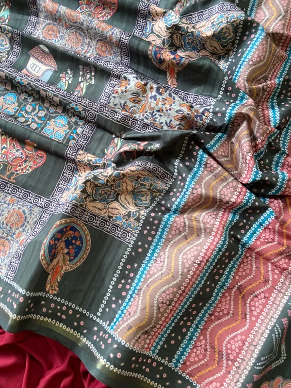 Soft_Tussar_Silk_sarees_with_Beautiful_Digital_Print_With_Attractive_Border_And_Contrast_Print_Blouse_With_Tassels