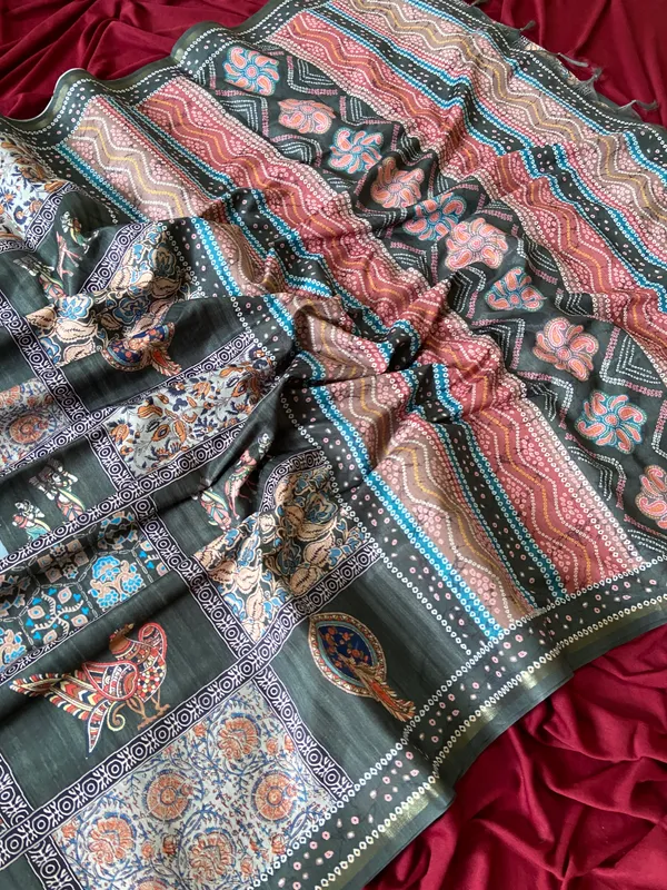 Soft_Tussar_Silk_sarees_with_Beautiful_Digital_Print_With_Attractive_Border_And_Contrast_Print_Blouse_With_Tassels