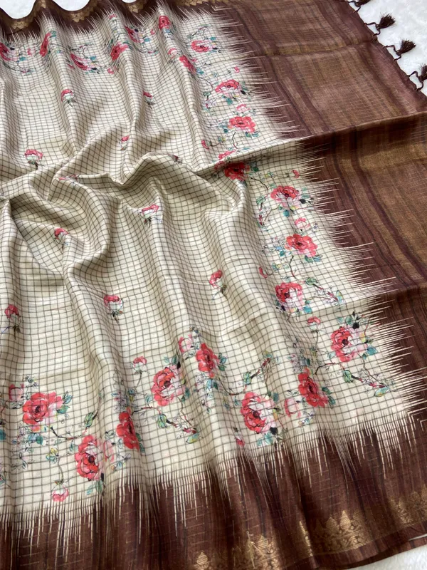 Shivani_Coffee_Brown_–_Checks_Design_Aesthetic_Edit_for_You_|_Soft_Tussar_Silk_Saree_with_Digital_Print,_Checks_Design_Saree_&_Digital_Print_Blouse