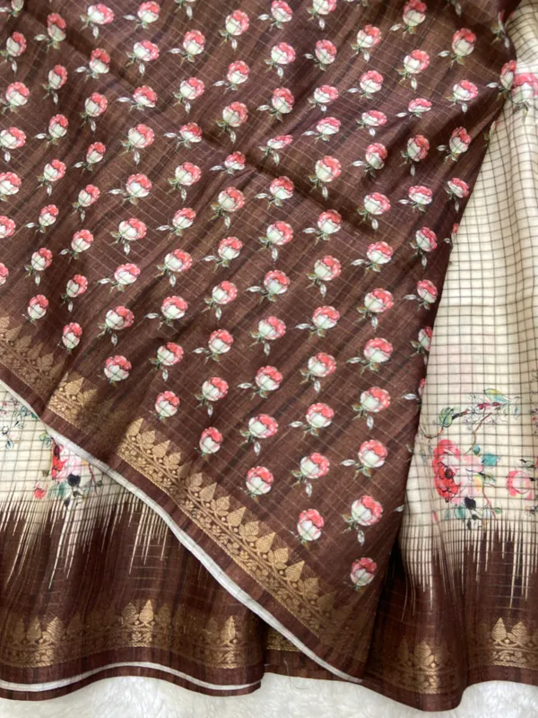 Shivani_Coffee_Brown_–_Checks_Design_Aesthetic_Edit_for_You_|_Soft_Tussar_Silk_Saree_with_Digital_Print,_Checks_Design_Saree_&_Digital_Print_Blouse