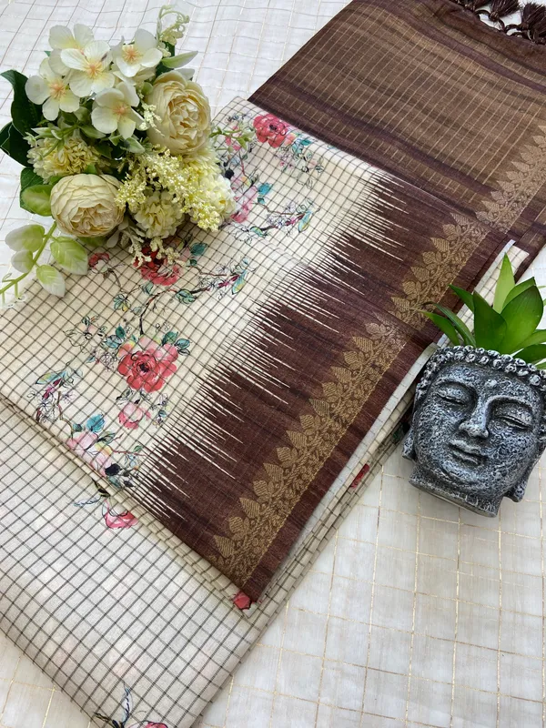 Shivani_Coffee_Brown_–_Checks_Design_Aesthetic_Edit_for_You_|_Soft_Tussar_Silk_Saree_with_Digital_Print,_Checks_Design_Saree_&_Digital_Print_Blouse