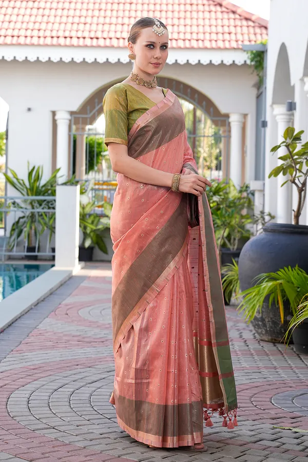 Soft_Tissue_Linen_Silk_sarees_with_Beautiful_Weaving_With_Attractive_Border_&_Rich_Pallu_With_Sequence_And_Running_Blouse_With_Tassels