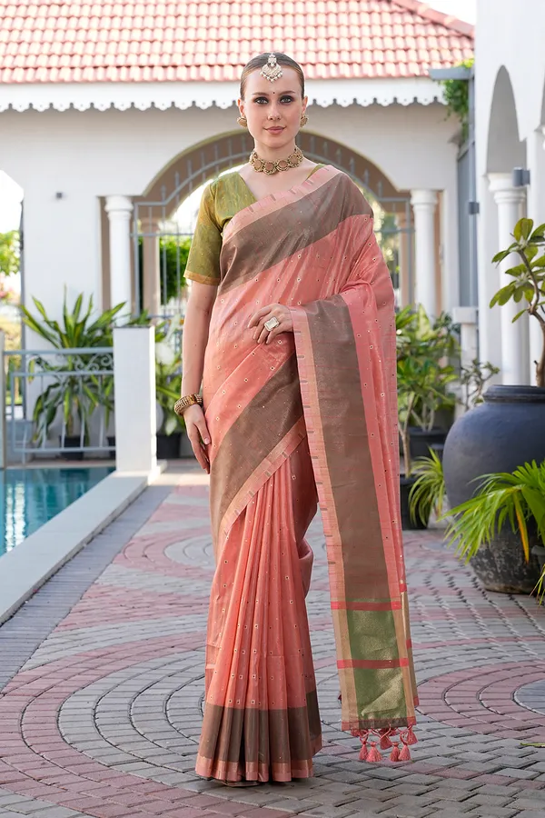 Soft_Tissue_Linen_Silk_sarees_with_Beautiful_Weaving_With_Attractive_Border_&_Rich_Pallu_With_Sequence_And_Running_Blouse_With_Tassels