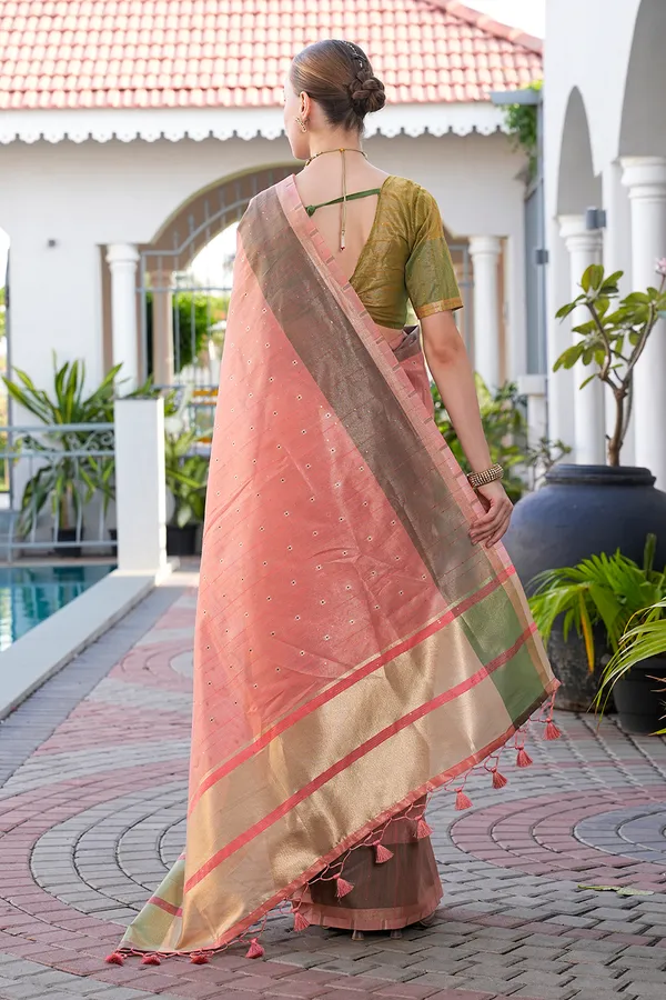 Soft_Tissue_Linen_Silk_sarees_with_Beautiful_Weaving_With_Attractive_Border_&_Rich_Pallu_With_Sequence_And_Running_Blouse_With_Tassels