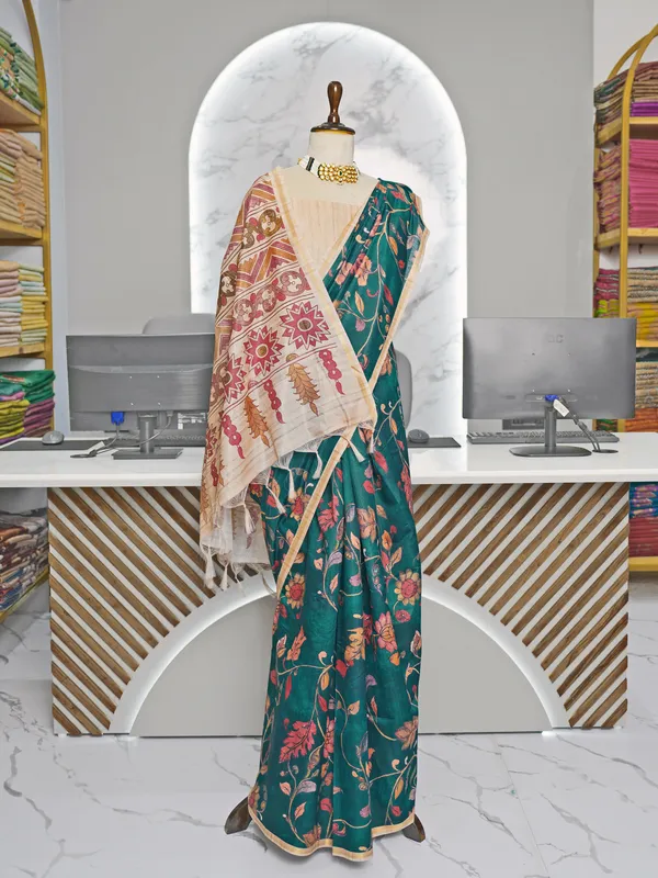 Soft_Tussar_Silk_sarees_with_Beautiful_Digital_Print_With_Attractive_Border_And_Contrast_Print_Blouse_With_Tassels