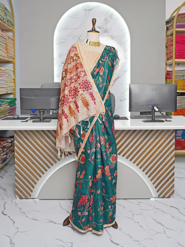 Soft_Tussar_Silk_sarees_with_Beautiful_Digital_Print_With_Attractive_Border_And_Contrast_Print_Blouse_With_Tassels