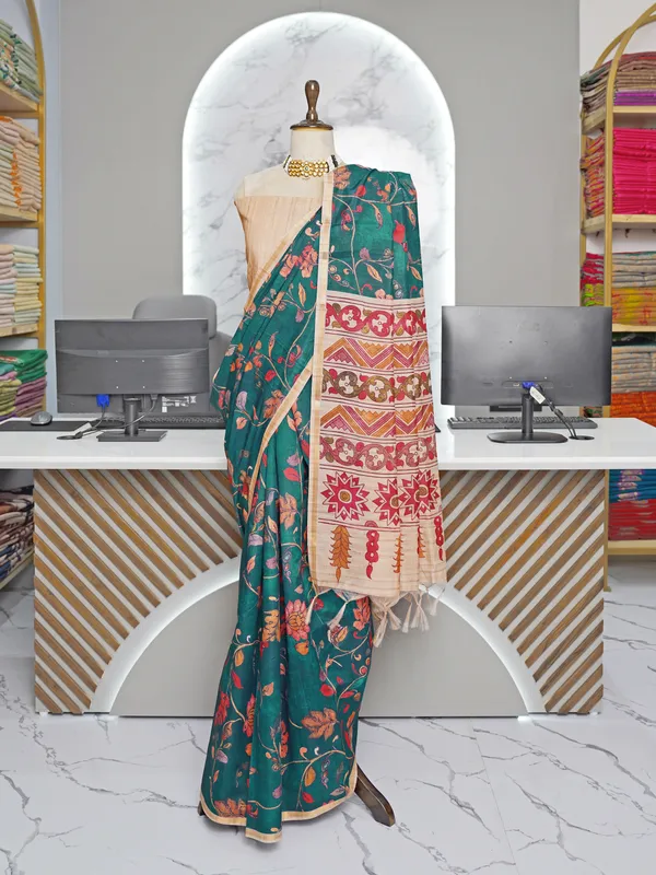 Soft_Tussar_Silk_sarees_with_Beautiful_Digital_Print_With_Attractive_Border_And_Contrast_Print_Blouse_With_Tassels