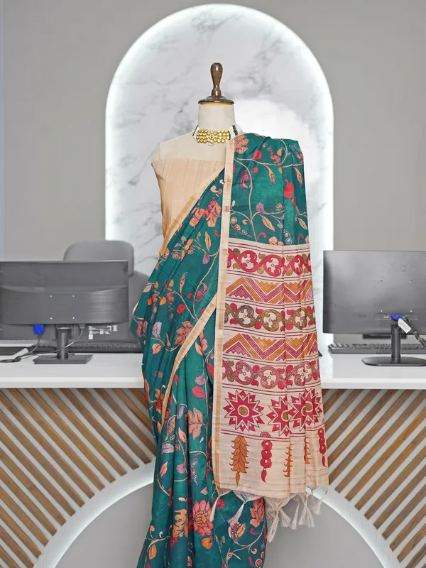 Soft_Tussar_Silk_sarees_with_Beautiful_Digital_Print_With_Attractive_Border_And_Contrast_Print_Blouse_With_Tassels