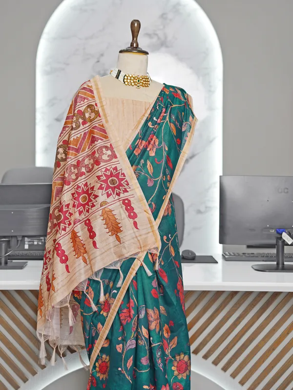 Soft_Tussar_Silk_sarees_with_Beautiful_Digital_Print_With_Attractive_Border_And_Contrast_Print_Blouse_With_Tassels