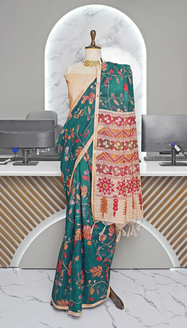 Soft_Tussar_Silk_sarees_with_Beautiful_Digital_Print_With_Attractive_Border_And_Contrast_Print_Blouse_With_Tassels