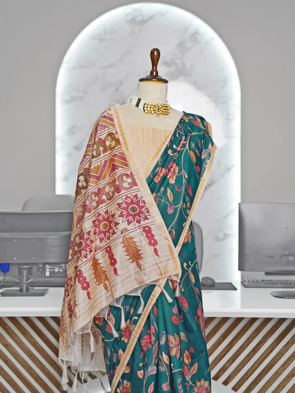 Soft_Tussar_Silk_sarees_with_Beautiful_Digital_Print_With_Attractive_Border_And_Contrast_Print_Blouse_With_Tassels