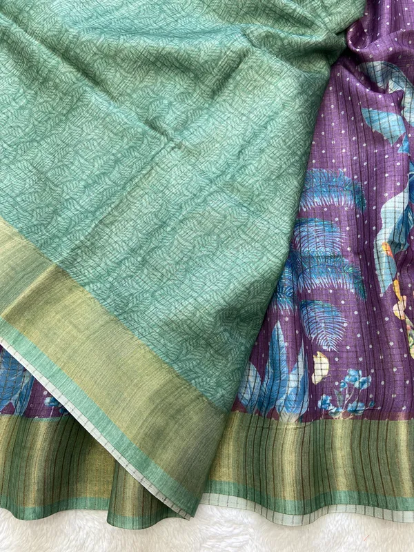 Jisha_Green_–_Checks_Design_Aesthetic_Edit_for_You_|_Soft_Tussar_Silk_Saree_with_Digital_Print,_Checks_Design_Saree_&_Digital_Print_Blouse