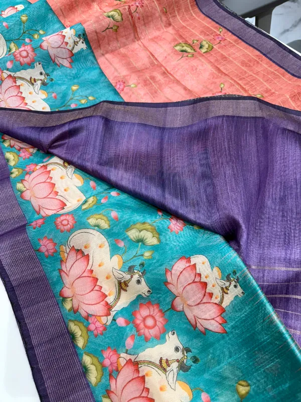 Soft_Semi_Tussar_Silk_sarees_with_Beautiful_Digital_Print_With_Attractive_Border_And_Contrast_Print_Blouse_With_Tassels