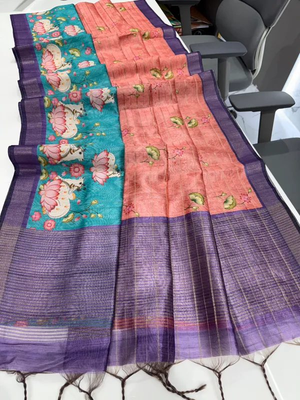 Soft_Semi_Tussar_Silk_sarees_with_Beautiful_Digital_Print_With_Attractive_Border_And_Contrast_Print_Blouse_With_Tassels