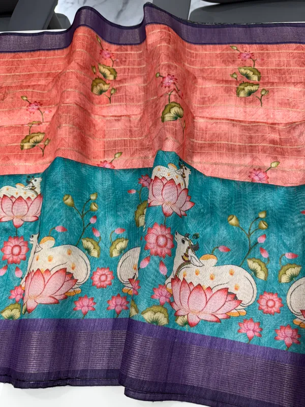 Soft_Semi_Tussar_Silk_sarees_with_Beautiful_Digital_Print_With_Attractive_Border_And_Contrast_Print_Blouse_With_Tassels