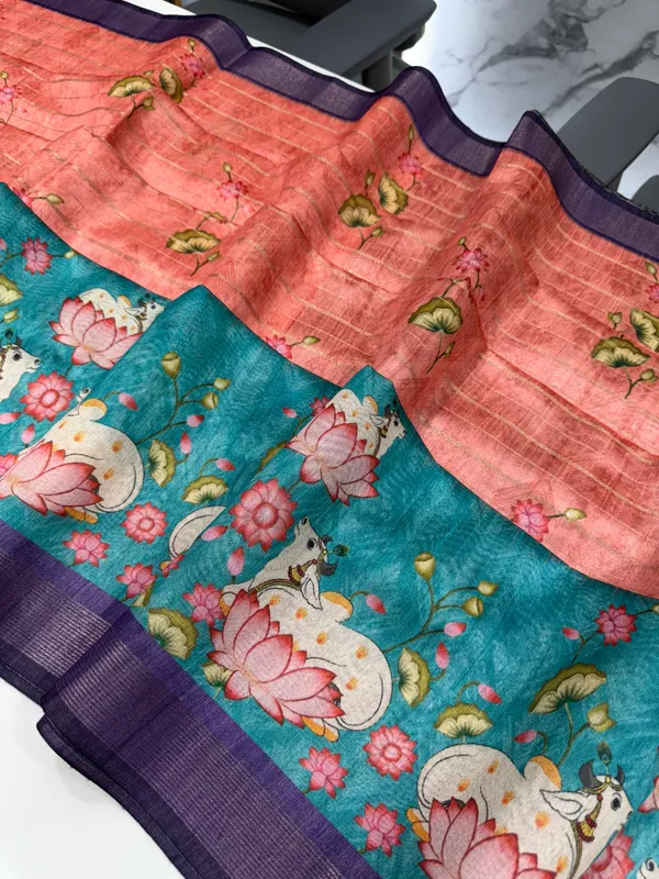 Soft_Semi_Tussar_Silk_sarees_with_Beautiful_Digital_Print_With_Attractive_Border_And_Contrast_Print_Blouse_With_Tassels