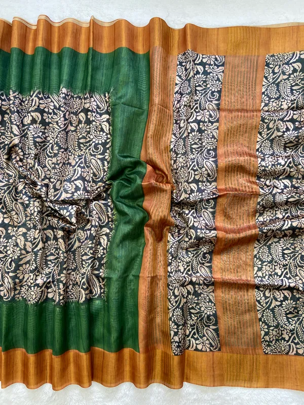 Mirza_Yellow_&_Green_–_Diwali_Special_|_Soft_Tussar_Silk_Saree_with_Print,_Border_&_Contrast_Print_Blouse_with_Tassels