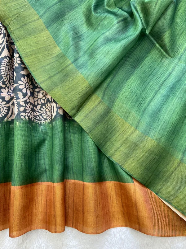 Mirza_Yellow_&_Green_–_Diwali_Special_|_Soft_Tussar_Silk_Saree_with_Print,_Border_&_Contrast_Print_Blouse_with_Tassels