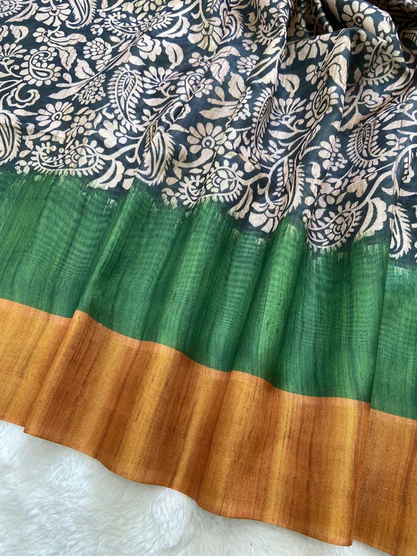 Mirza_Yellow_&_Green_–_Diwali_Special_|_Soft_Tussar_Silk_Saree_with_Print,_Border_&_Contrast_Print_Blouse_with_Tassels