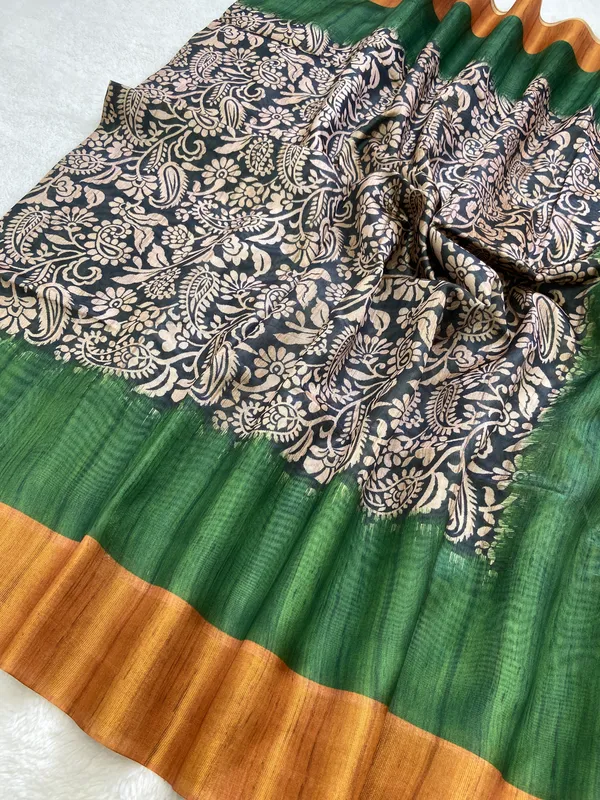 Mirza_Yellow_&_Green_–_Diwali_Special_|_Soft_Tussar_Silk_Saree_with_Print,_Border_&_Contrast_Print_Blouse_with_Tassels