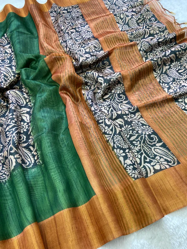 Mirza_Yellow_&_Green_–_Diwali_Special_|_Soft_Tussar_Silk_Saree_with_Print,_Border_&_Contrast_Print_Blouse_with_Tassels