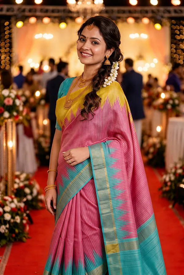 Gaurika_Pink_–_Divine_Navratri_Special_|_Soft_Tussar_Silk_Saree_with_Digital_Print,_Checks_Design_Saree_&_Digital_Print_Blouse_with_Tassels