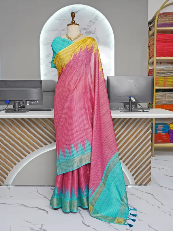 Gaurika_Pink_–_Divine_Navratri_Special_|_Soft_Tussar_Silk_Saree_with_Digital_Print,_Checks_Design_Saree_&_Digital_Print_Blouse_with_Tassels