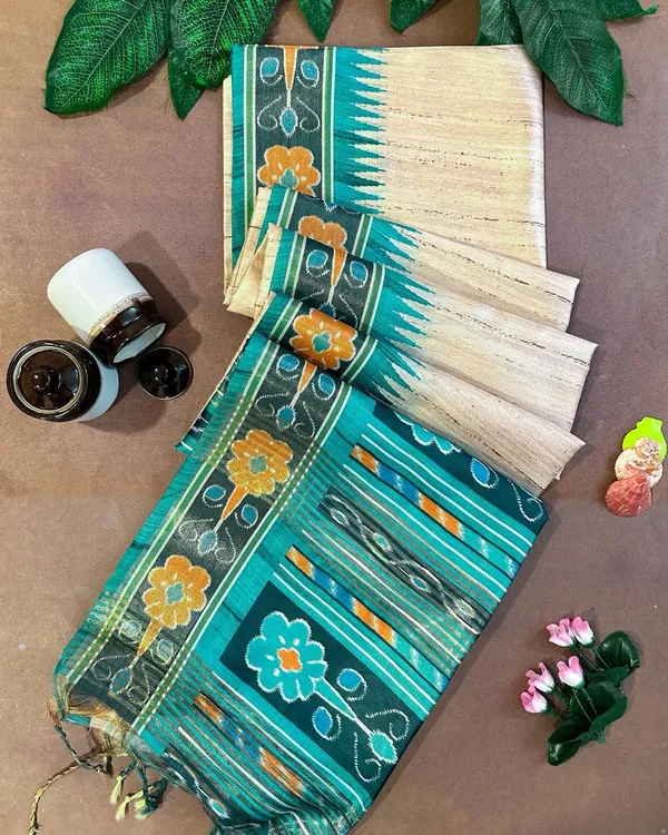 Aditi_Sky_Blue_–_Boundless_Navratri_Special_|_Soft_Tussar_Silk_Saree_with_Print,_Border_&_Contrast_Print_Blouse_with_Tassels
