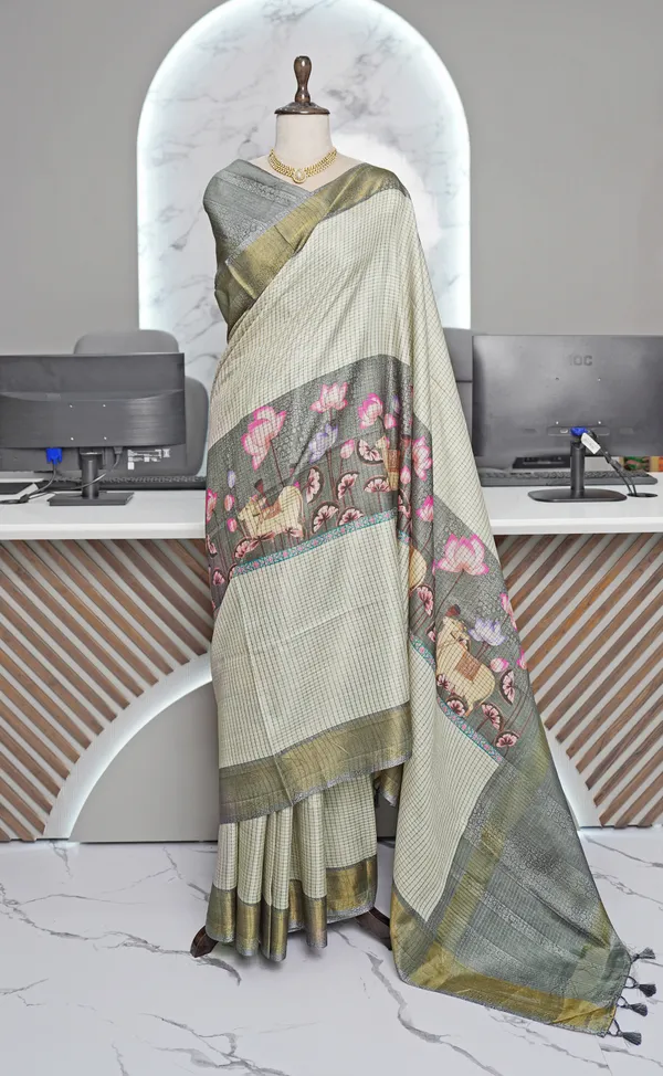 Soft_Tussar_Silk_sarees_with_Beautiful_Digital_Print_With_Attractive_Checks_Design_Saree_And_Digital_Print_Blouse_With_Tassels